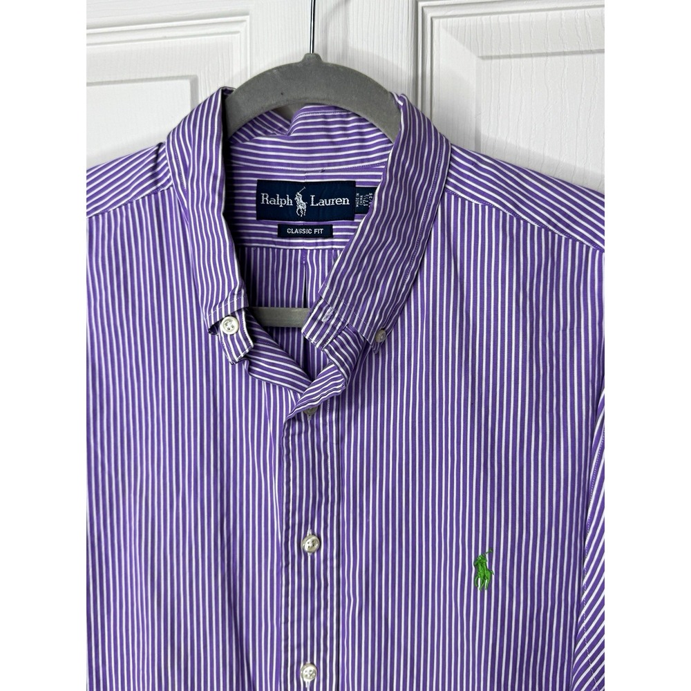 Ralph Lauren Men's 17.5 34/35 Purple Green Striped Cotton Classic Button Shirt